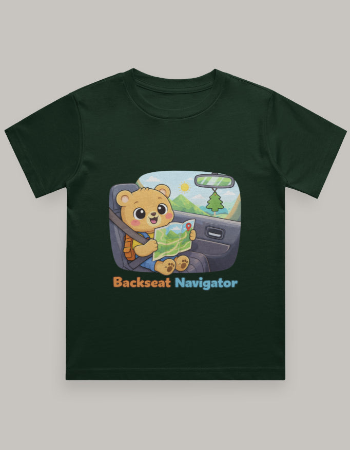 Backseat Navigator Kids Travel T shirt Bottle Green Adventure Hiking Camping Camper Van Beach Cruise Vacation Road Trip Wildlife Safari Wanderlust Explorer Nature Lover Mountain Outdoor Adventure Travel Vacation Camping Campfire Graphic Quote T shirt
