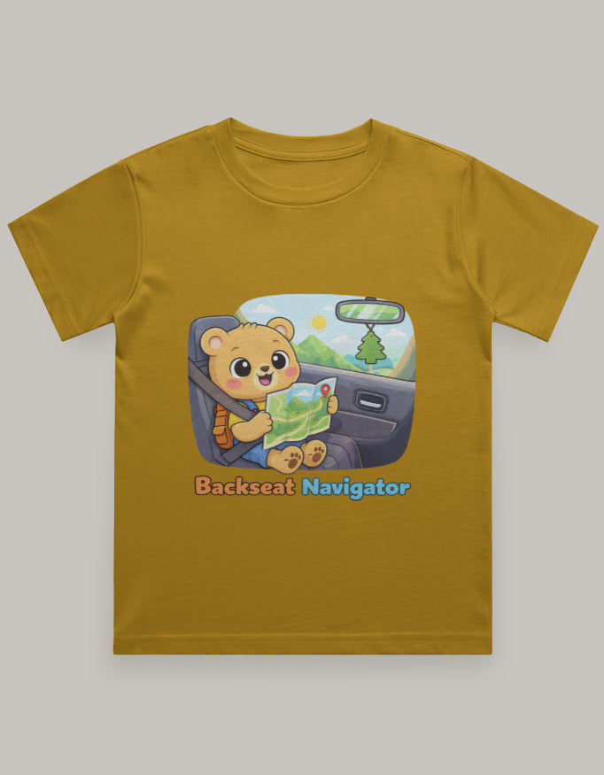 Backseat Navigator Kids Travel T shirt Mustard Yellow Adventure Hiking Camping Camper Van Beach Cruise Vacation Road Trip Wildlife Safari Wanderlust Explorer Nature Lover Mountain Outdoor Adventure Travel Vacation Camping Campfire Graphic Quote T shirt