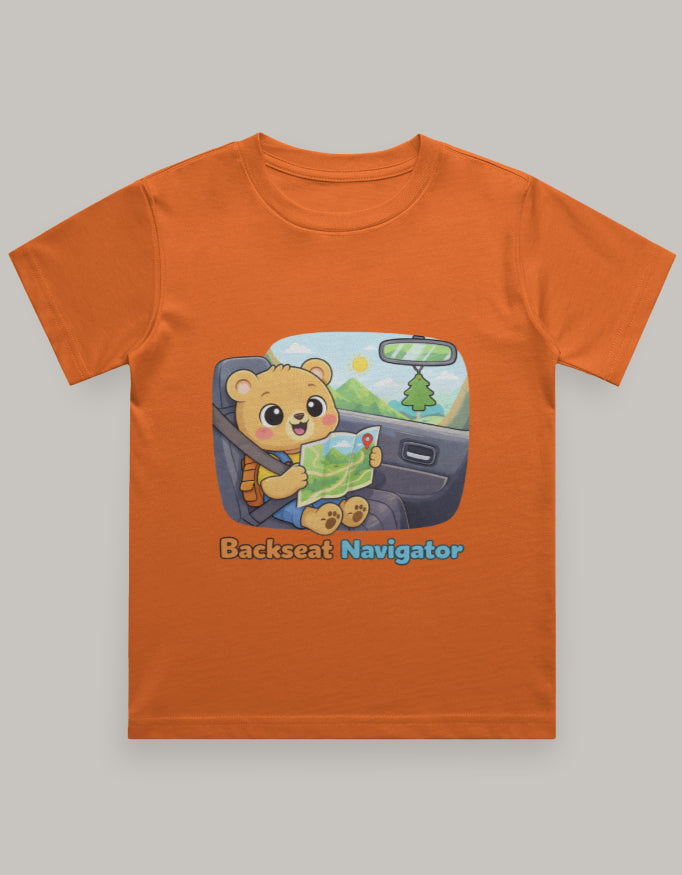 Backseat Navigator Kids Travel T shirt Orange Adventure Hiking Camping Camper Van Beach Cruise Vacation Road Trip Wildlife Safari Wanderlust Explorer Nature Lover Mountain Outdoor Adventure Travel Vacation Camping Campfire Graphic Quote T shirt