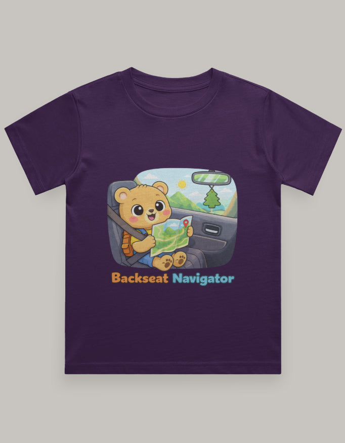 Backseat Navigator Kids Travel T shirt Purple Adventure Hiking Camping Camper Van Beach Cruise Vacation Road Trip Wildlife Safari Wanderlust Explorer Nature Lover Mountain Outdoor Adventure Travel Vacation Camping Campfire Graphic Quote T shirt