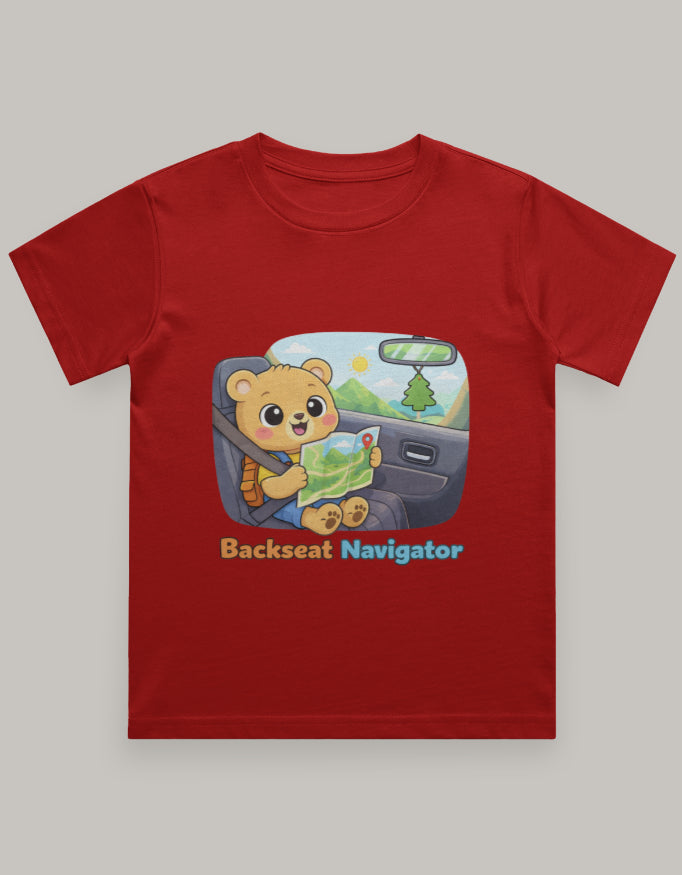 Backseat Navigator Kids Travel T shirt Red Adventure Hiking Camping Camper Van Beach Cruise Vacation Road Trip Wildlife Safari Wanderlust Explorer Nature Lover Mountain Outdoor Adventure Travel Vacation Camping Campfire Graphic Quote T shirt