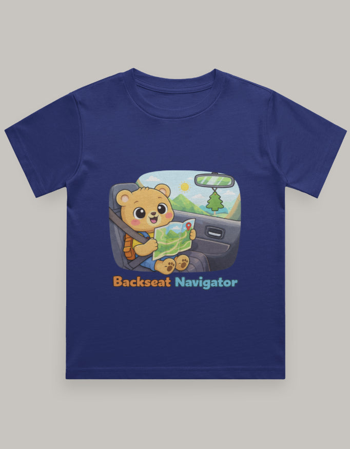 Backseat Navigator Kids Travel T shirt Royal Blue Adventure Hiking Camping Camper Van Beach Cruise Vacation Road Trip Wildlife Safari Wanderlust Explorer Nature Lover Mountain Outdoor Adventure Travel Vacation Camping Campfire Graphic Quote T shirt
