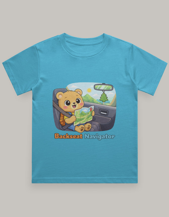 Backseat Navigator Kids Travel T shirt Sky Blue Adventure Hiking Camping Camper Van Beach Cruise Vacation Road Trip Wildlife Safari Wanderlust Explorer Nature Lover Mountain Outdoor Adventure Travel Vacation Camping Campfire Graphic Quote T shirt