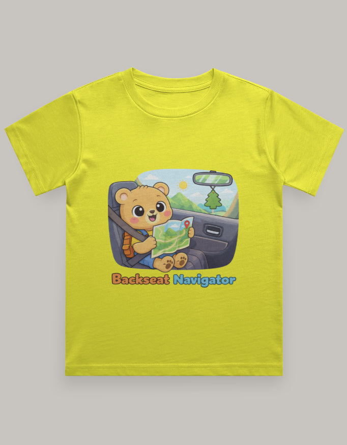 Backseat Navigator Kids Travel T shirt Yellow Adventure Hiking Camping Camper Van Beach Cruise Vacation Road Trip Wildlife Safari Wanderlust Explorer Nature Lover Mountain Outdoor Adventure Travel Vacation Camping Campfire Graphic Quote T shirt
