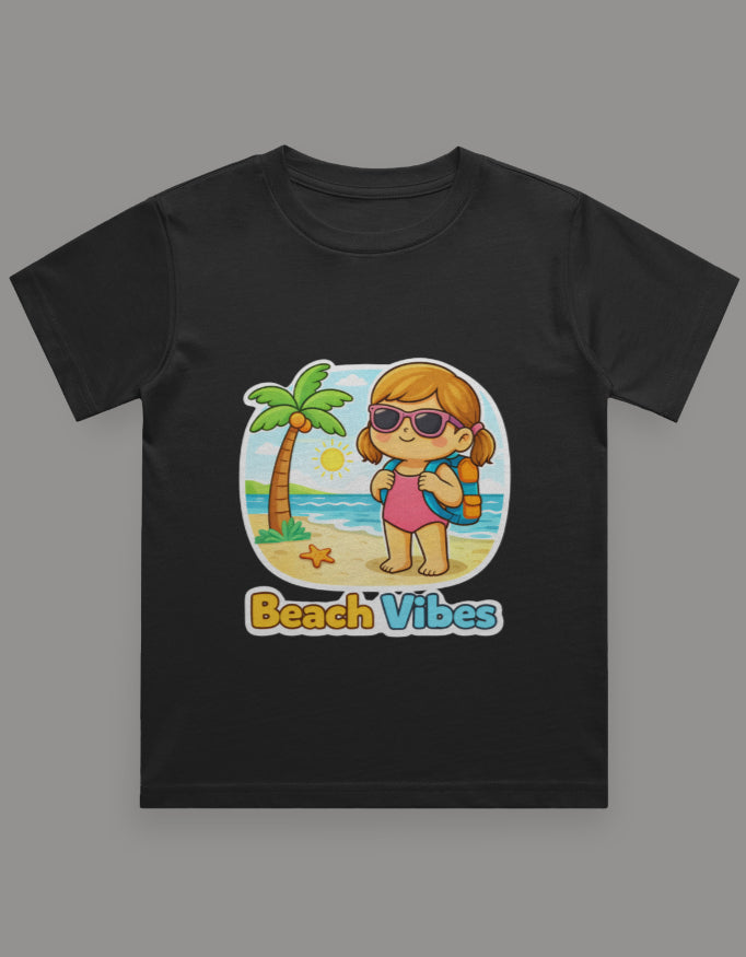 Beach Vibes - Girl Kids Travel T Shirt Black Adventure Hiking Camping Camper Van Beach Cruise Vacation Road Trip Wildlife Safari Wanderlust Explorer Nature Lover Mountain Outdoor Adventure Travel Vacation Camping Campfire Graphic Quote T shirt