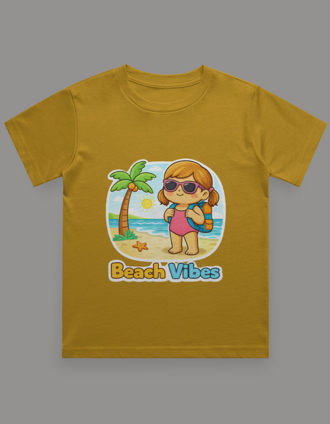 Beach Vibes - Girl Kids Travel T Shirt Mustard Yellow Adventure Hiking Camping Camper Van Beach Cruise Vacation Road Trip Wildlife Safari Wanderlust Explorer Nature Lover Mountain Outdoor Adventure Travel Vacation Camping Campfire Graphic Quote T shirt