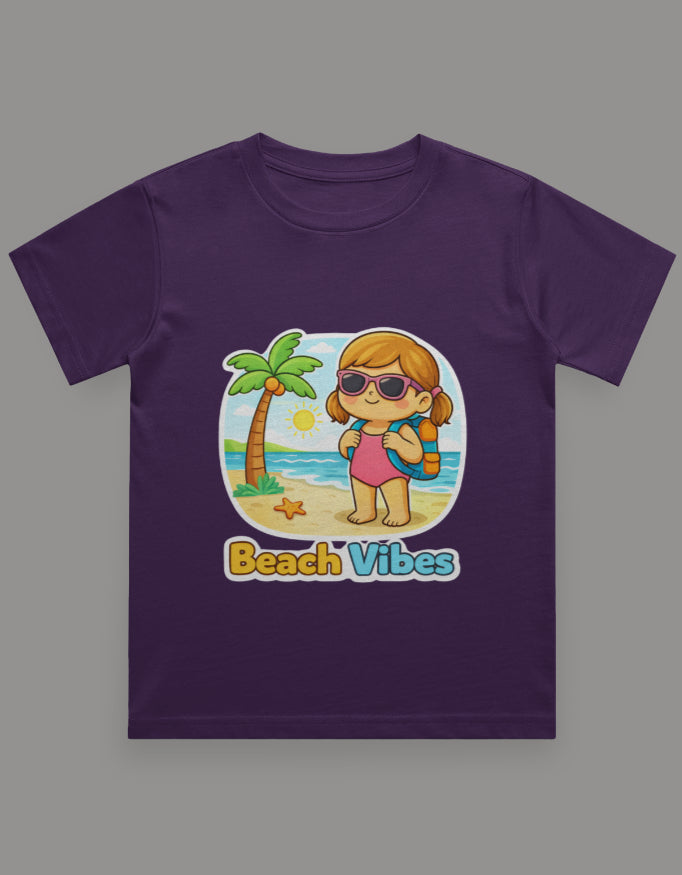 Beach Vibes - Girl Kids Travel T Shirt Purple Adventure Hiking Camping Camper Van Beach Cruise Vacation Road Trip Wildlife Safari Wanderlust Explorer Nature Lover Mountain Outdoor Adventure Travel Vacation Camping Campfire Graphic Quote T shirt