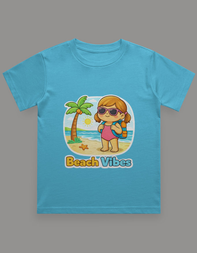 Beach Vibes - Girl Kids Travel T Shirt Sky Blue Adventure Hiking Camping Camper Van Beach Cruise Vacation Road Trip Wildlife Safari Wanderlust Explorer Nature Lover Mountain Outdoor Adventure Travel Vacation Camping Campfire Graphic Quote T shirt