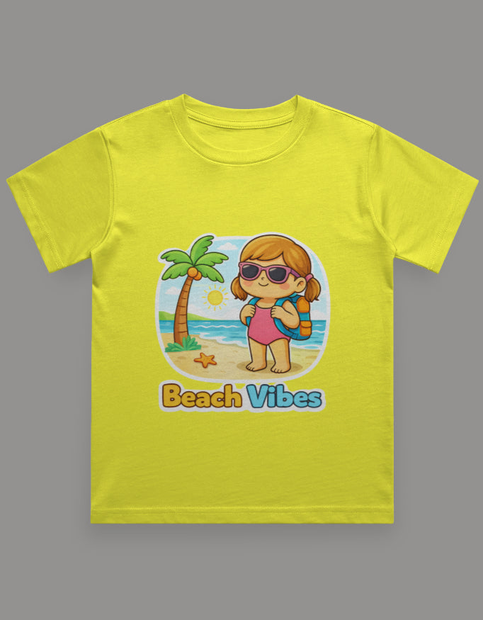 Beach Vibes - Girl Kids Travel T Shirt Yellow Adventure Hiking Camping Camper Van Beach Cruise Vacation Road Trip Wildlife Safari Wanderlust Explorer Nature Lover Mountain Outdoor Adventure Travel Vacation Camping Campfire Graphic Quote T shirt