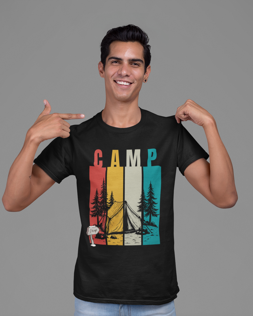 Man wearing a black t-shirt with a colorful 'Camp' design on a Black background