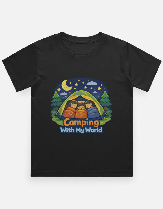 Camping With My World Kids Camping Travel T Shirt Black Adventure Hiking Camping Camper Van Beach Cruise Vacation Road Trip Wildlife Safari Wanderlust Explorer Nature Lover Mountain Outdoor Adventure Travel Vacation Camping Campfire Graphic Quote T shirt