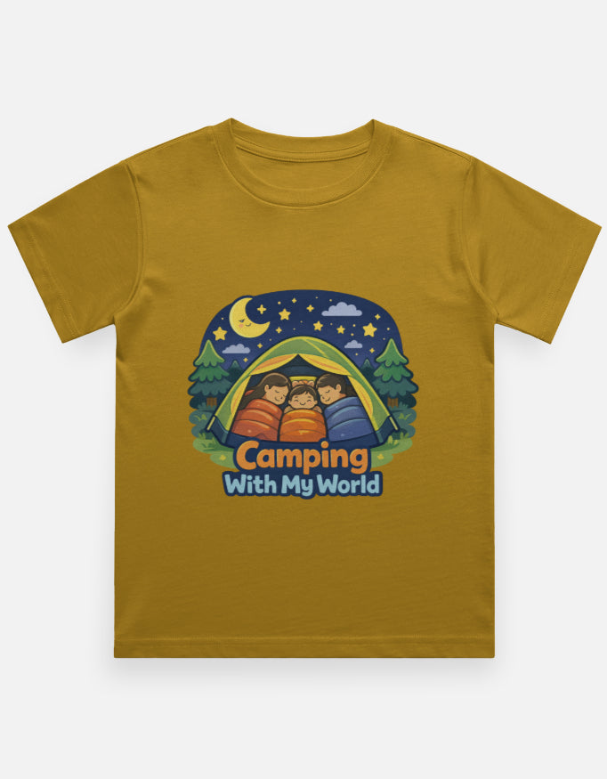Camping With My World Kids Camping Travel T Shirt Mustard Yellow Adventure Hiking Camping Camper Van Beach Cruise Vacation Road Trip Wildlife Safari Wanderlust Explorer Nature Lover Mountain Outdoor Adventure Travel Vacation Camping Campfire Graphic Quote T shirt