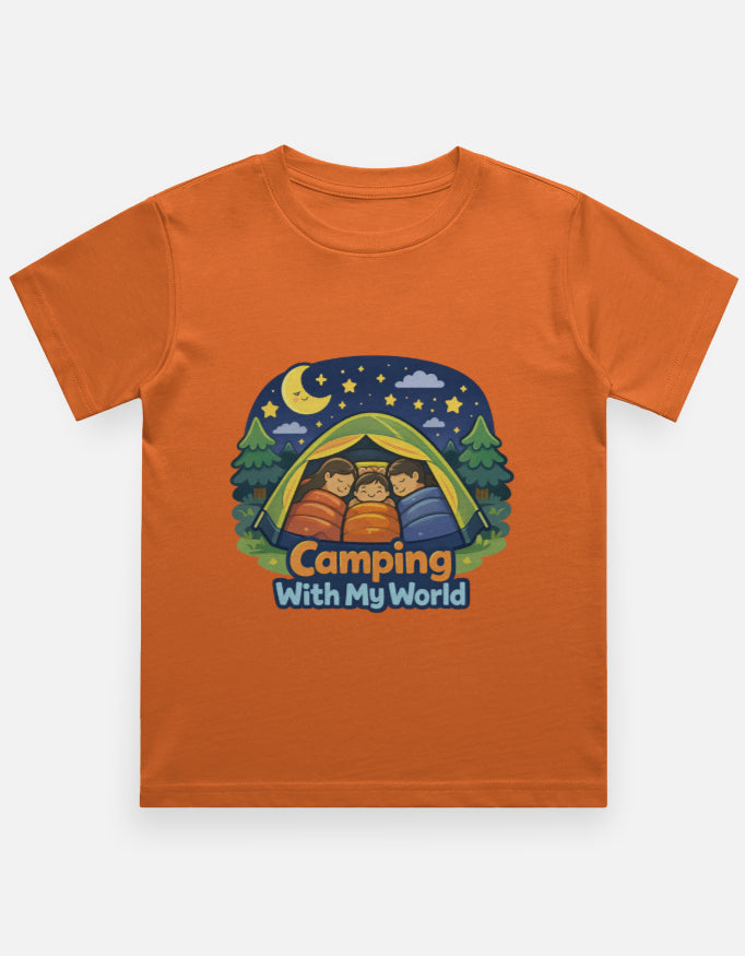 Camping With My World Kids Camping Travel T Shirt Orange Adventure Hiking Camping Camper Van Beach Cruise Vacation Road Trip Wildlife Safari Wanderlust Explorer Nature Lover Mountain Outdoor Adventure Travel Vacation Camping Campfire Graphic Quote T shirt