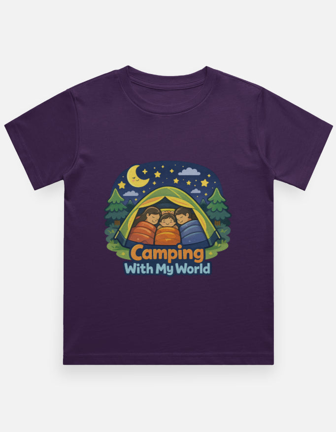 Camping With My World Kids Camping Travel T Shirt Purple Adventure Hiking Camping Camper Van Beach Cruise Vacation Road Trip Wildlife Safari Wanderlust Explorer Nature Lover Mountain Outdoor Adventure Travel Vacation Camping Campfire Graphic Quote T shirt