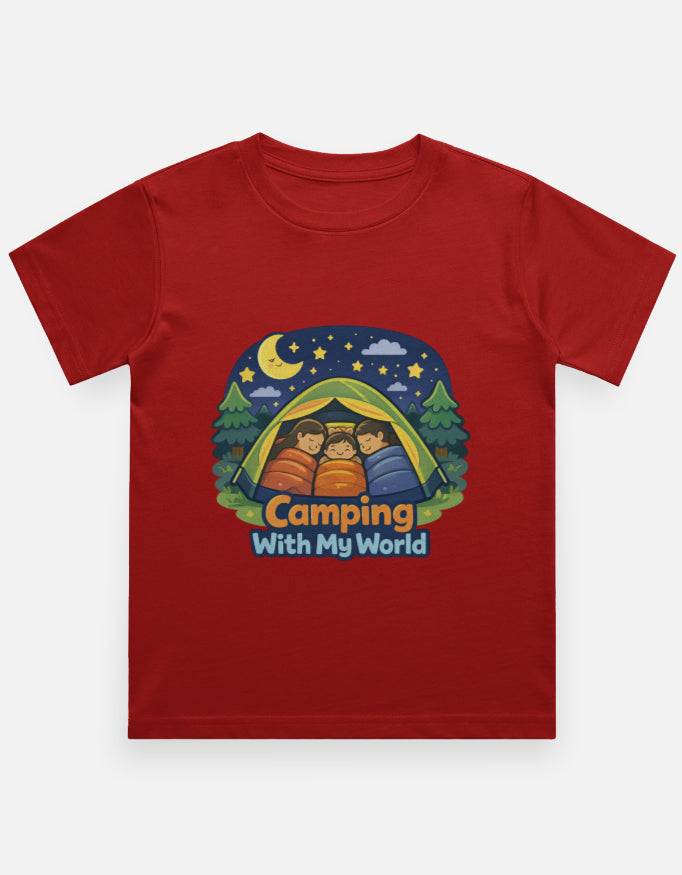 Camping With My World Kids Camping Travel T Shirt Red Adventure Hiking Camping Camper Van Beach Cruise Vacation Road Trip Wildlife Safari Wanderlust Explorer Nature Lover Mountain Outdoor Adventure Travel Vacation Camping Campfire Graphic Quote T shirt