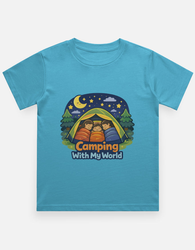 Camping With My World Kids Camping Travel T Shirt Sky Blue Adventure Hiking Camping Camper Van Beach Cruise Vacation Road Trip Wildlife Safari Wanderlust Explorer Nature Lover Mountain Outdoor Adventure Travel Vacation Camping Campfire Graphic Quote T shirt
