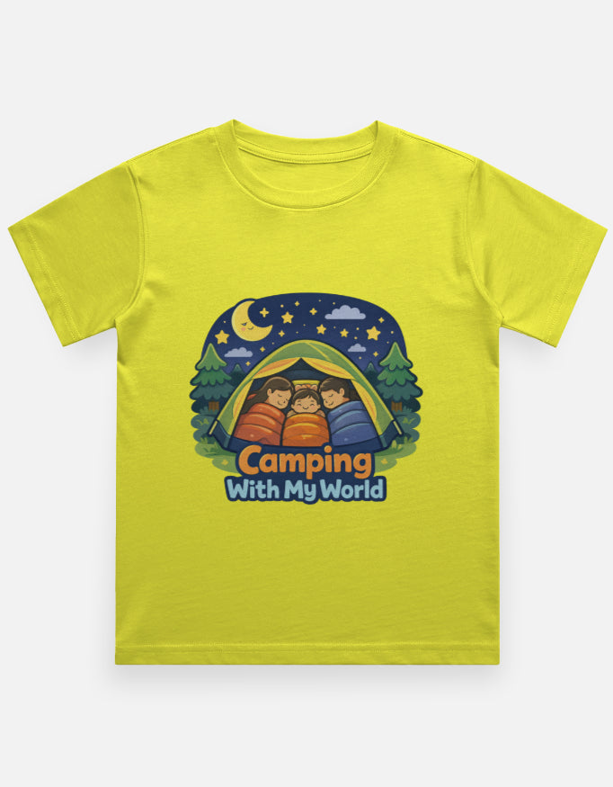 Camping With My World Kids Camping Travel T Shirt Yellow Adventure Hiking Camping Camper Van Beach Cruise Vacation Road Trip Wildlife Safari Wanderlust Explorer Nature Lover Mountain Outdoor Adventure Travel Vacation Camping Campfire Graphic Quote T shirt