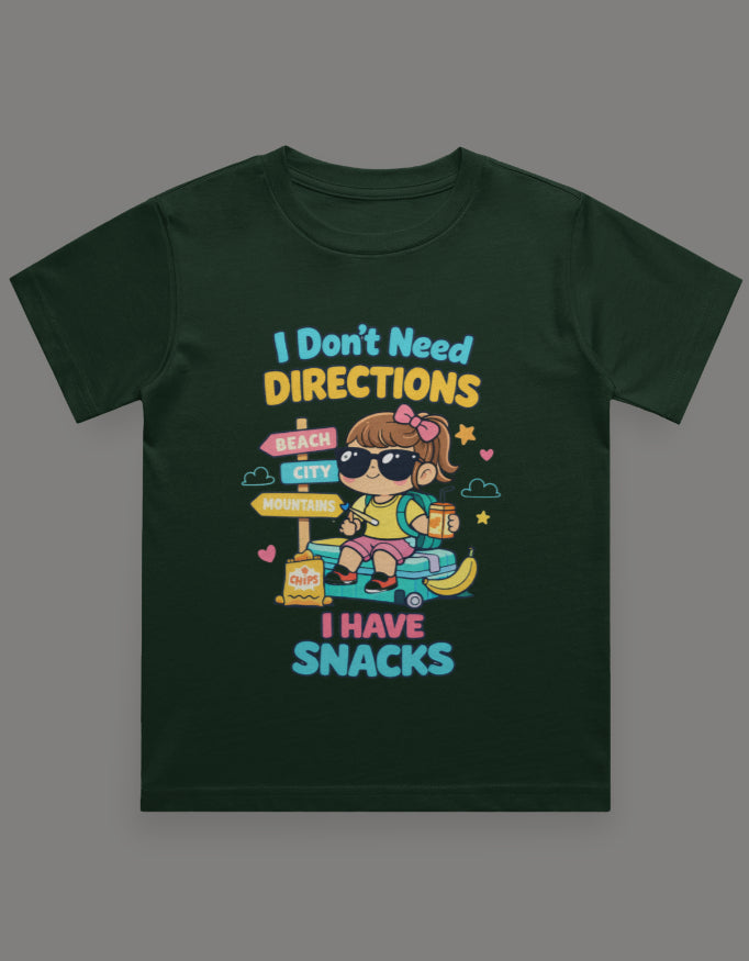 I Dont Need Directions I have Snacks - Girl Kids Travel T shirt Bottle Green Adventure Hiking Camping Camper Van Beach Cruise Vacation Road Trip Wildlife Safari Wanderlust Explorer Nature Lover Mountain Outdoor Adventure Travel Vacation Camping Campfire Graphic Quote T shirt