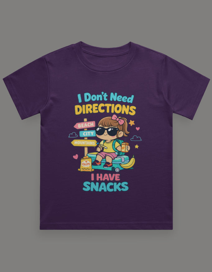 I Dont Need Directions I have Snacks - Girl Kids Travel T shirt Purple Adventure Hiking Camping Camper Van Beach Cruise Vacation Road Trip Wildlife Safari Wanderlust Explorer Nature Lover Mountain Outdoor Adventure Travel Vacation Camping Campfire Graphic Quote T shirt