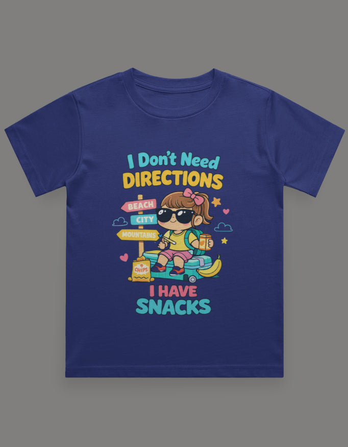 I Dont Need Directions I have Snacks - Girl Kids Travel T shirt Royal Blue Adventure Hiking Camping Camper Van Beach Cruise Vacation Road Trip Wildlife Safari Wanderlust Explorer Nature Lover Mountain Outdoor Adventure Travel Vacation Camping Campfire Graphic Quote T shirt