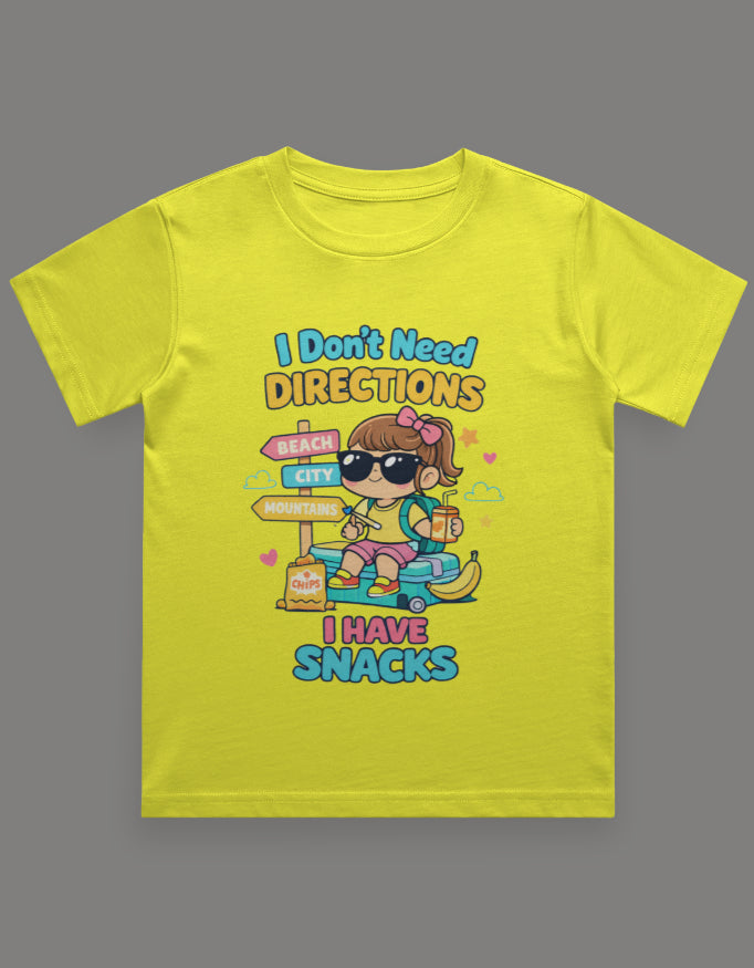 I Dont Need Directions I have Snacks - Girl Kids Travel T shirt Yellow Adventure Hiking Camping Camper Van Beach Cruise Vacation Road Trip Wildlife Safari Wanderlust Explorer Nature Lover Mountain Outdoor Adventure Travel Vacation Camping Campfire Graphic Quote T shirt