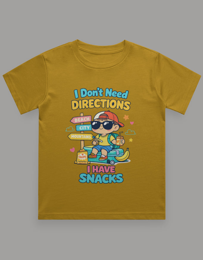 I Dont Need Directions I have Snacks - Boy Kids Travel T shirt Mustard Yellow Adventure Hiking Camping Camper Van Beach Cruise Vacation Road Trip Wildlife Safari Wanderlust Explorer Nature Lover Mountain Outdoor Adventure Travel Vacation Camping Campfire Graphic Quote T shirt