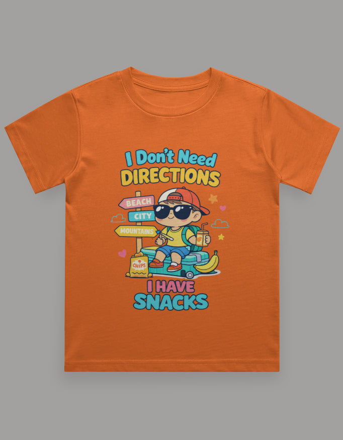I Dont Need Directions I have Snacks - Boy Kids Travel T shirt Orange Adventure Hiking Camping Camper Van Beach Cruise Vacation Road Trip Wildlife Safari Wanderlust Explorer Nature Lover Mountain Outdoor Adventure Travel Vacation Camping Campfire Graphic Quote T shirt