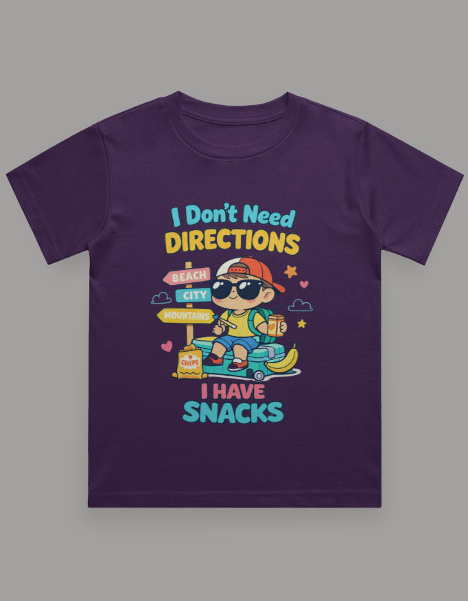 I Dont Need Directions I have Snacks - Boy Kids Travel T shirt Purple Adventure Hiking Camping Camper Van Beach Cruise Vacation Road Trip Wildlife Safari Wanderlust Explorer Nature Lover Mountain Outdoor Adventure Travel Vacation Camping Campfire Graphic Quote T shirt