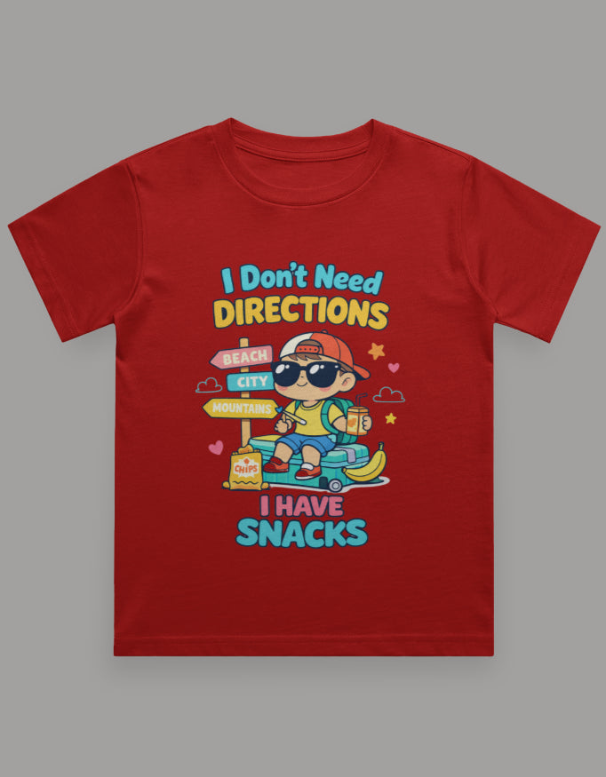 I Dont Need Directions I have Snacks - Boy Kids Travel T shirt Red Adventure Hiking Camping Camper Van Beach Cruise Vacation Road Trip Wildlife Safari Wanderlust Explorer Nature Lover Mountain Outdoor Adventure Travel Vacation Camping Campfire Graphic Quote T shirt