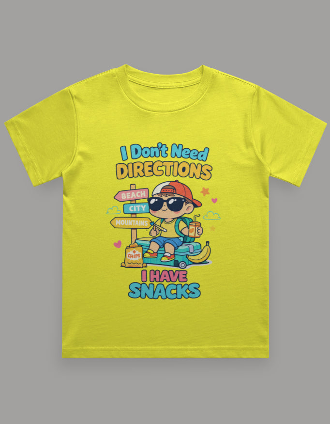 I Dont Need Directions I have Snacks - Boy Kids Travel T shirt Yellow Adventure Hiking Camping Camper Van Beach Cruise Vacation Road Trip Wildlife Safari Wanderlust Explorer Nature Lover Mountain Outdoor Adventure Travel Vacation Camping Campfire Graphic Quote T shirt