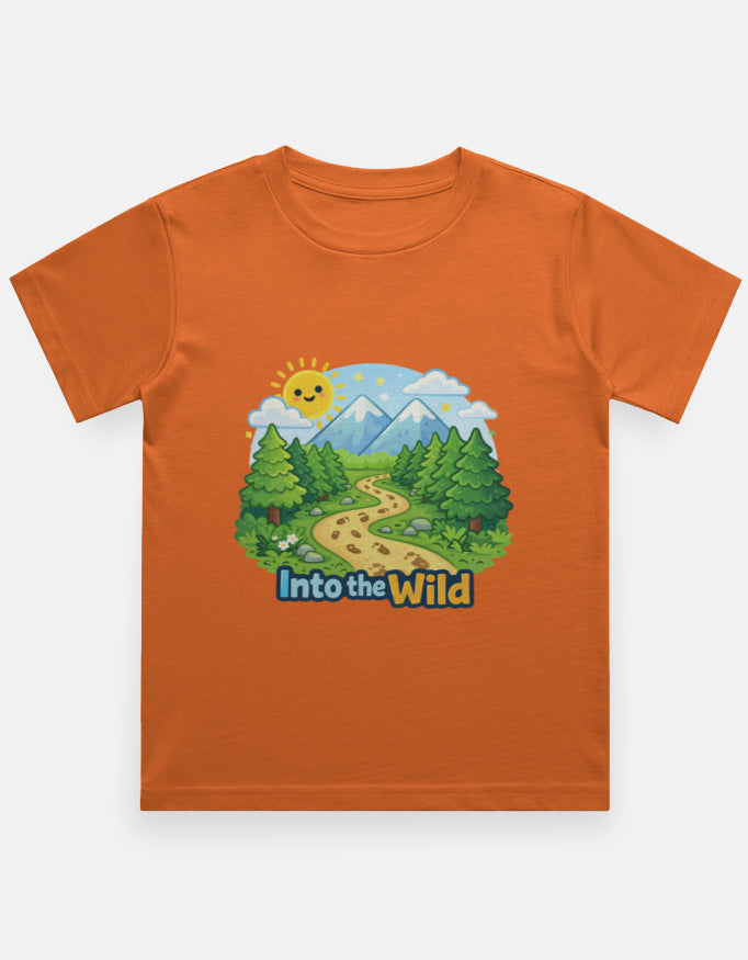 Into The Wild Kids Travel T Shirt Orange Adventure Hiking Camping Camper Van Beach Cruise Vacation Road Trip Wildlife Safari Wanderlust Explorer Nature Lover Mountain Outdoor Adventure Travel Vacation Camping Campfire Graphic Quote T shirt