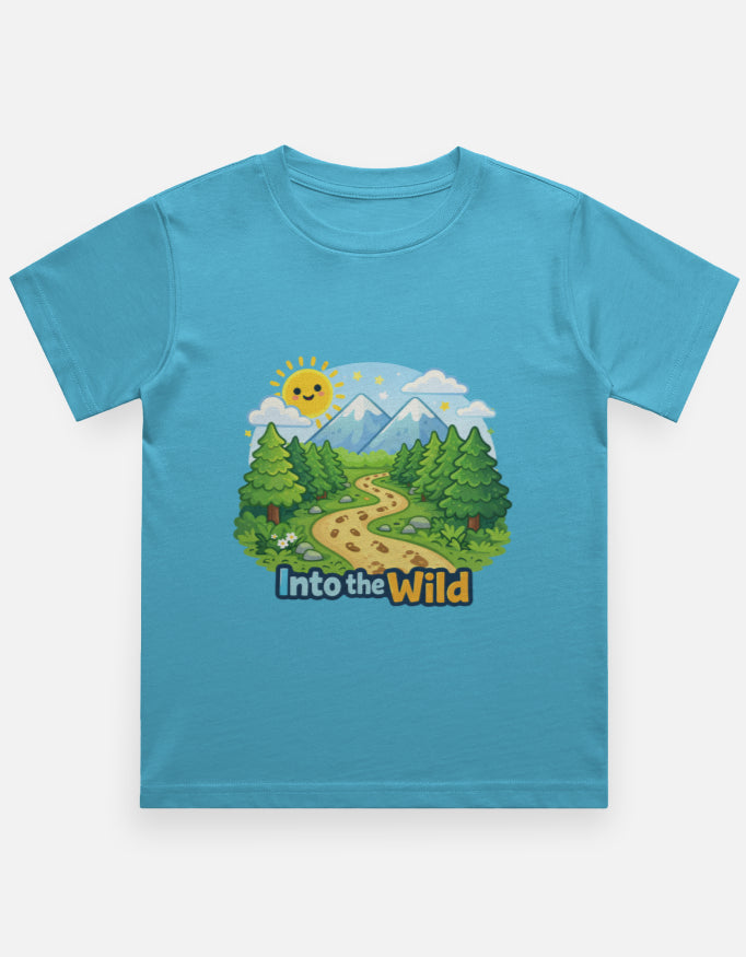 Into The Wild Kids Travel T Shirt Sky Blue Adventure Hiking Camping Camper Van Beach Cruise Vacation Road Trip Wildlife Safari Wanderlust Explorer Nature Lover Mountain Outdoor Adventure Travel Vacation Camping Campfire Graphic Quote T shirt