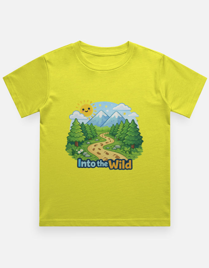 Into The Wild Kids Travel T Shirt Yellow Adventure Hiking Camping Camper Van Beach Cruise Vacation Road Trip Wildlife Safari Wanderlust Explorer Nature Lover Mountain Outdoor Adventure Travel Vacation Camping Campfire Graphic Quote T shirt