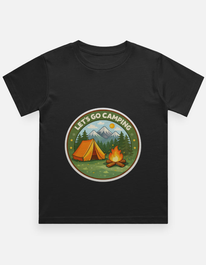 Lets Go Camping Kids Camping Travel T Shirt Black Adventure Hiking Camping Camper Van Beach Cruise Vacation Road Trip Wildlife Safari Wanderlust Explorer Nature Lover Mountain Outdoor Adventure Travel Vacation Camping Campfire Graphic Quote T shirt