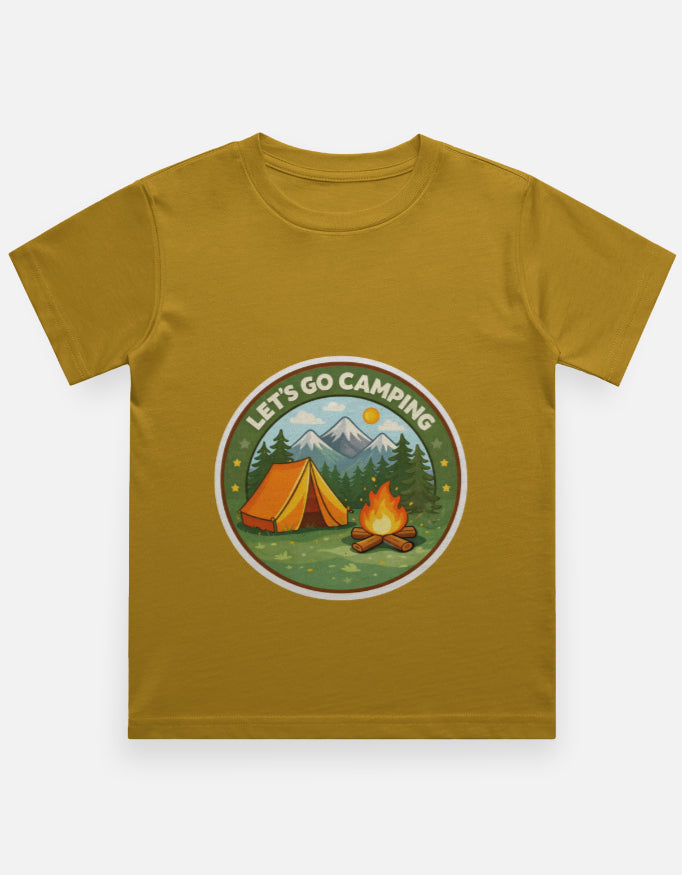 Lets Go Camping Kids Camping Travel T Shirt Mustard Yellow Adventure Hiking Camping Camper Van Beach Cruise Vacation Road Trip Wildlife Safari Wanderlust Explorer Nature Lover Mountain Outdoor Adventure Travel Vacation Camping Campfire Graphic Quote T shirt