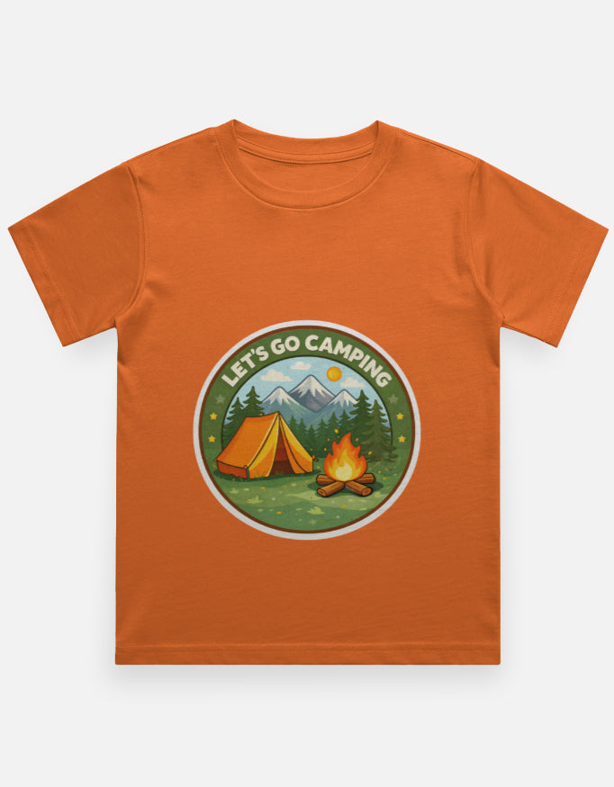Lets Go Camping Kids Camping Travel T Shirt Orange Adventure Hiking Camping Camper Van Beach Cruise Vacation Road Trip Wildlife Safari Wanderlust Explorer Nature Lover Mountain Outdoor Adventure Travel Vacation Camping Campfire Graphic Quote T shirt