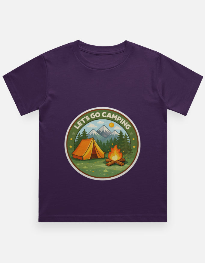 Lets Go Camping Kids Camping Travel T Shirt Purple Adventure Hiking Camping Camper Van Beach Cruise Vacation Road Trip Wildlife Safari Wanderlust Explorer Nature Lover Mountain Outdoor Adventure Travel Vacation Camping Campfire Graphic Quote T shirt