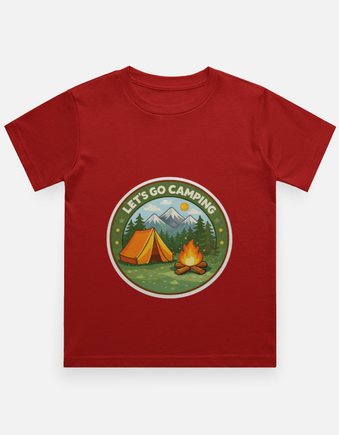 Lets Go Camping Kids Camping Travel T Shirt Red Adventure Hiking Camping Camper Van Beach Cruise Vacation Road Trip Wildlife Safari Wanderlust Explorer Nature Lover Mountain Outdoor Adventure Travel Vacation Camping Campfire Graphic Quote T shirt