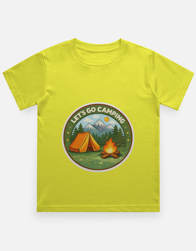 Lets Go Camping Kids Camping Travel T Shirt Yellow Adventure Hiking Camping Camper Van Beach Cruise Vacation Road Trip Wildlife Safari Wanderlust Explorer Nature Lover Mountain Outdoor Adventure Travel Vacation Camping Campfire Graphic Quote T shirt