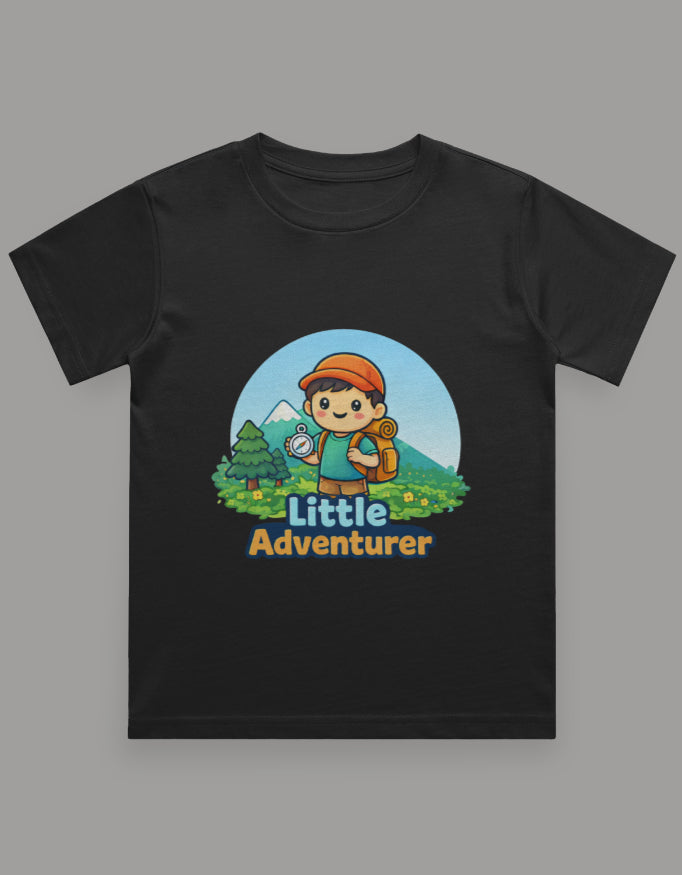 Little Adventurer Kids Adventure Travel T Shirt Black Adventure Hiking Camping Camper Van Beach Cruise Vacation Road Trip Wildlife Safari Wanderlust Explorer Nature Lover Mountain Outdoor Adventure Travel Vacation Camping Campfire Graphic Quote T shirt