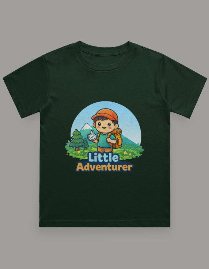 Little Adventurer Kids Adventure Travel T Shirt Bottle Green Adventure Hiking Camping Camper Van Beach Cruise Vacation Road Trip Wildlife Safari Wanderlust Explorer Nature Lover Mountain Outdoor Adventure Travel Vacation Camping Campfire Graphic Quote T shirt
