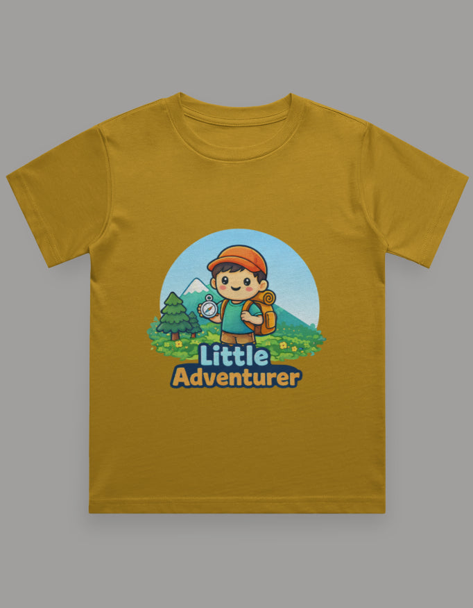 Little Adventurer Kids Adventure Travel T Shirt Mustard Yellow Adventure Hiking Camping Camper Van Beach Cruise Vacation Road Trip Wildlife Safari Wanderlust Explorer Nature Lover Mountain Outdoor Adventure Travel Vacation Camping Campfire Graphic Quote T shirt