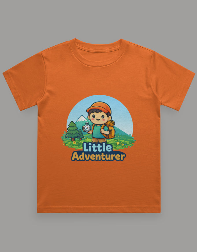 Little Adventurer Kids Adventure Travel T Shirt Orange Adventure Hiking Camping Camper Van Beach Cruise Vacation Road Trip Wildlife Safari Wanderlust Explorer Nature Lover Mountain Outdoor Adventure Travel Vacation Camping Campfire Graphic Quote T shirt