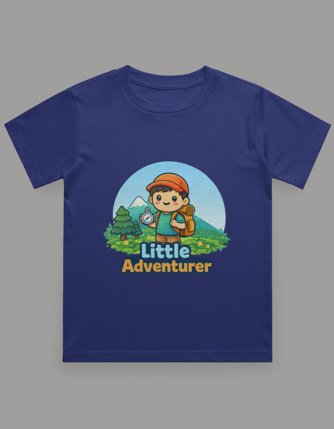 Little Adventurer Kids Adventure Travel T Shirt Royal Blue Adventure Hiking Camping Camper Van Beach Cruise Vacation Road Trip Wildlife Safari Wanderlust Explorer Nature Lover Mountain Outdoor Adventure Travel Vacation Camping Campfire Graphic Quote T shirt