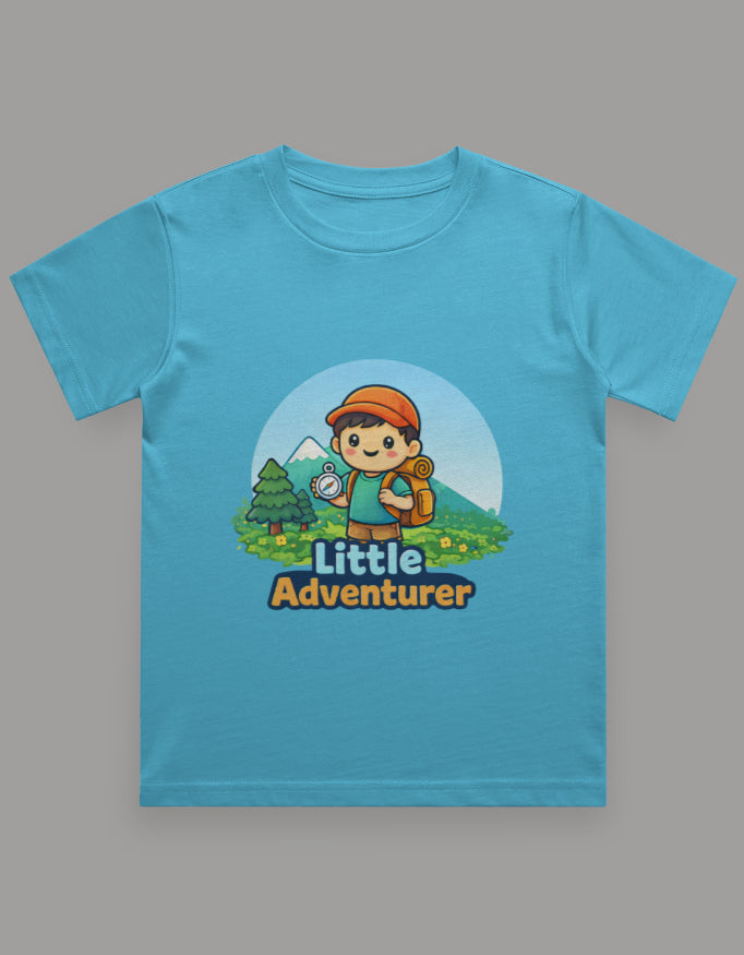 Little Adventurer Kids Adventure Travel T Shirt Sky Blue Adventure Hiking Camping Camper Van Beach Cruise Vacation Road Trip Wildlife Safari Wanderlust Explorer Nature Lover Mountain Outdoor Adventure Travel Vacation Camping Campfire Graphic Quote T shirt