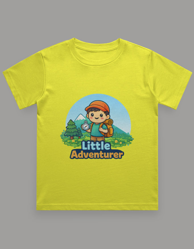 Little Adventurer Kids Adventure Travel T Shirt Yellow Adventure Hiking Camping Camper Van Beach Cruise Vacation Road Trip Wildlife Safari Wanderlust Explorer Nature Lover Mountain Outdoor Adventure Travel Vacation Camping Campfire Graphic Quote T shirt