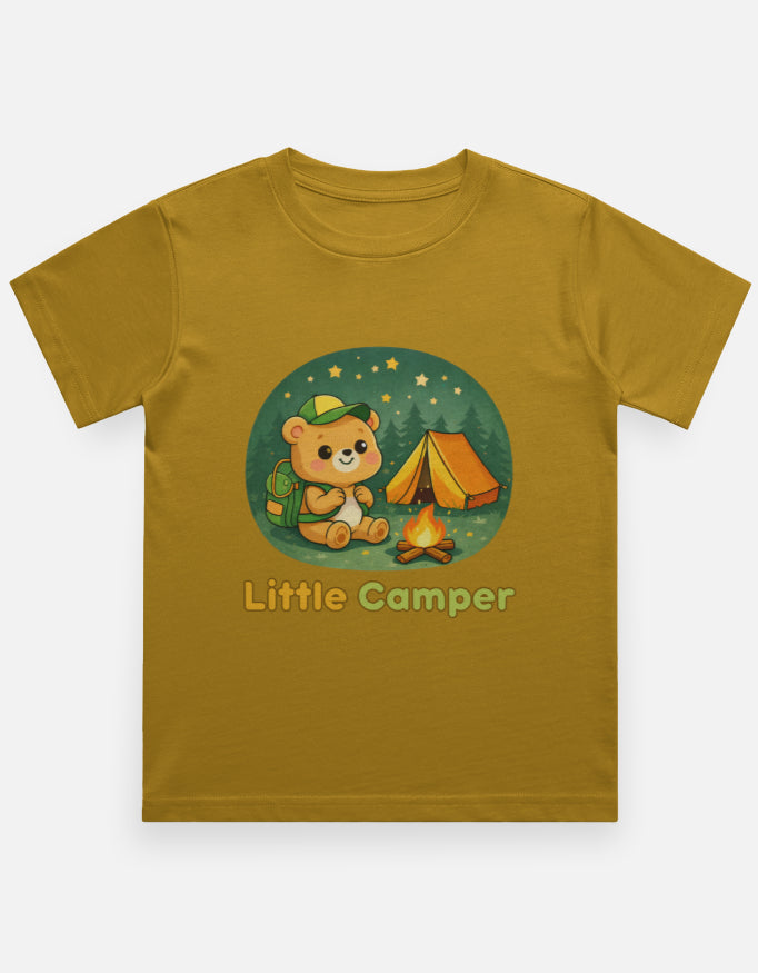 Little Camper Kids Camping Travel T shirt Mustard Yellow Adventure Hiking Camping Camper Van Beach Cruise Vacation Road Trip Wildlife Safari Wanderlust Explorer Nature Lover Mountain Outdoor Adventure Travel Vacation Camping Campfire Graphic Quote T shirt