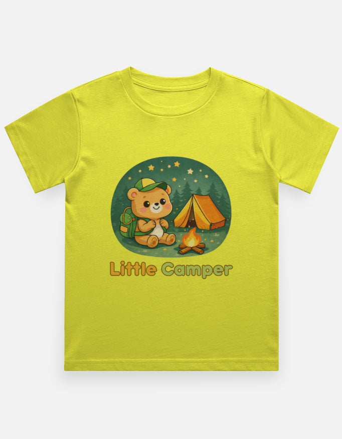 Little Camper Kids Camping Travel T shirt Yellow Adventure Hiking Camping Camper Van Beach Cruise Vacation Road Trip Wildlife Safari Wanderlust Explorer Nature Lover Mountain Outdoor Adventure Travel Vacation Camping Campfire Graphic Quote T shirt