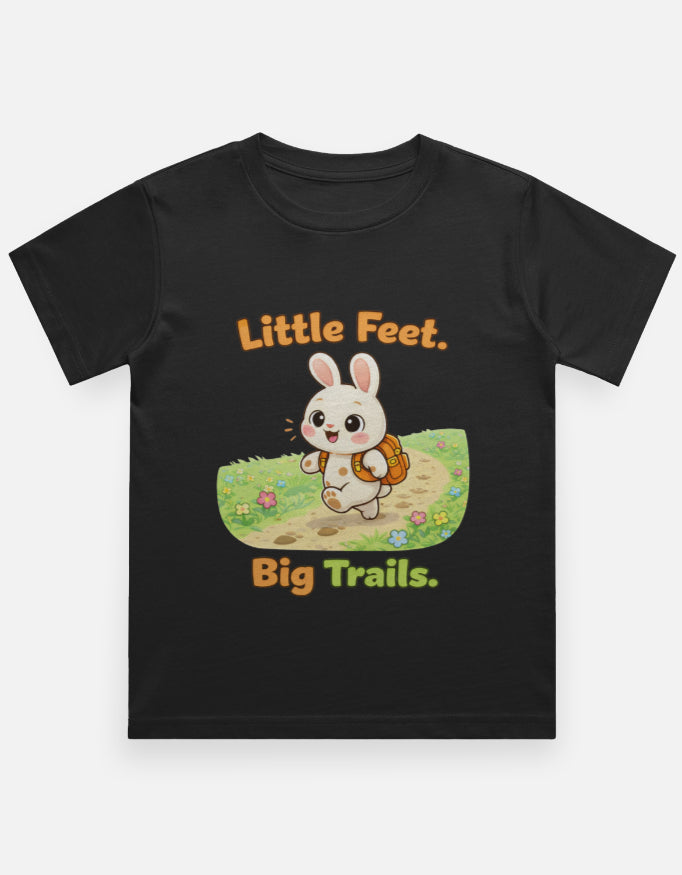 Little Feet Big Trails Kids Adventure Travel T Shirt Black Adventure Hiking Camping Camper Van Beach Cruise Vacation Road Trip Wildlife Safari Wanderlust Explorer Nature Lover Mountain Outdoor Adventure Travel Vacation Camping Campfire Graphic Quote T shirt