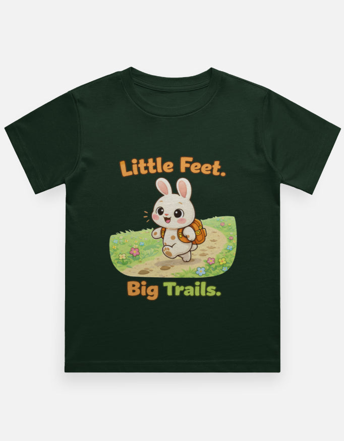 Little Feet Big Trails Kids Adventure Travel T Shirt Bottle Green Adventure Hiking Camping Camper Van Beach Cruise Vacation Road Trip Wildlife Safari Wanderlust Explorer Nature Lover Mountain Outdoor Adventure Travel Vacation Camping Campfire Graphic Quote T shirt